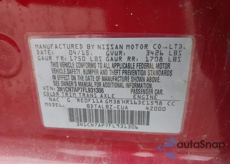 2015 Nissan Versa 1.6 Sv из США, поврежденный, VIN 3N1CN7AP7FL931306